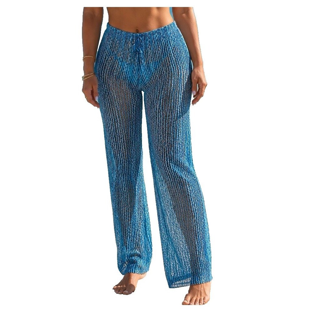 Jordan Taylor Womens Blue Wide Leg Mesh Swim CoverUp Pants Pool Beach -Sz Medium